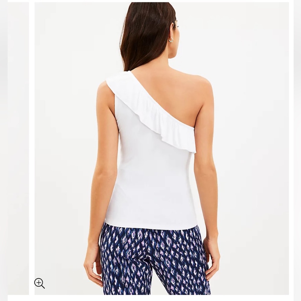Loft White Ruffle Ribbed One Shoulder Tank Top - Picture 2 of 4